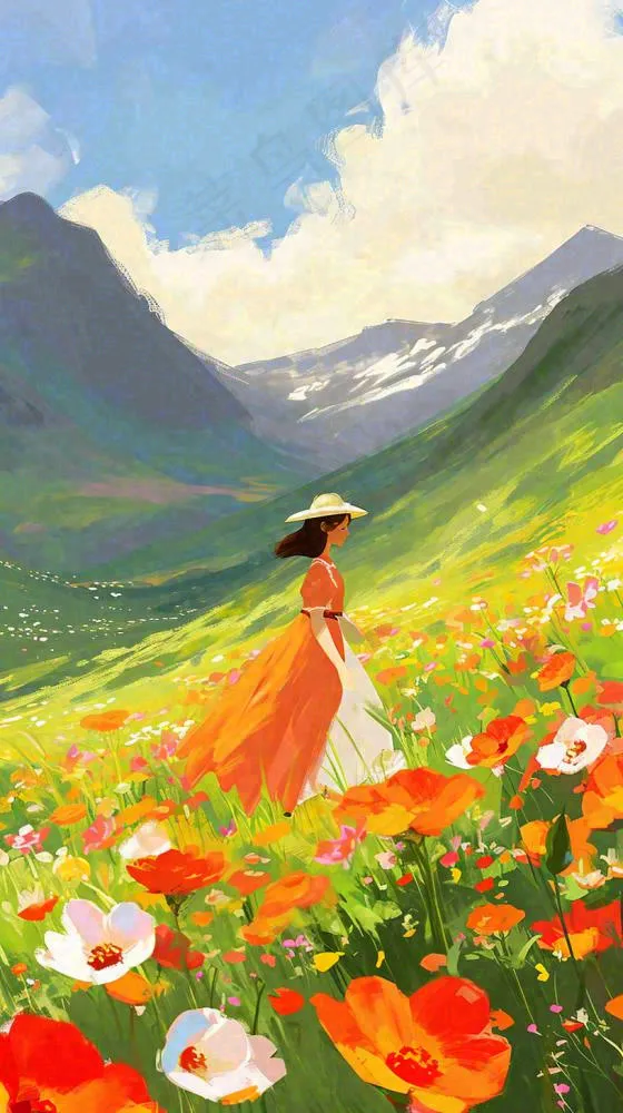 春天山脉草坪花海上穿裙子的女孩油画手绘插画，清新浪漫，踏青春游(816x1456)