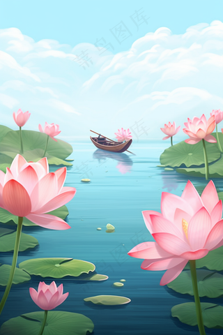 荷花莲花荷叶盛开卡通插画