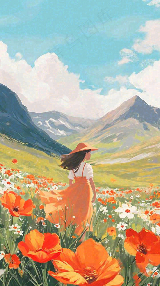 春天山脉草坪花海上穿裙子的女孩油画手绘插画，清新浪漫，踏青春游(816x1456)