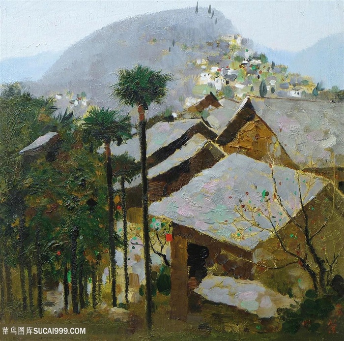 吴冠中手绘乡村树林农房装饰画