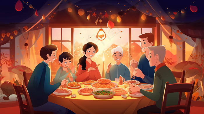团圆饭年夜饭一家人过节卡通插画素材(x)