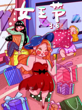 大气妇女节女神女王女生母亲节卡通手绘插图插画海报素材设计模板