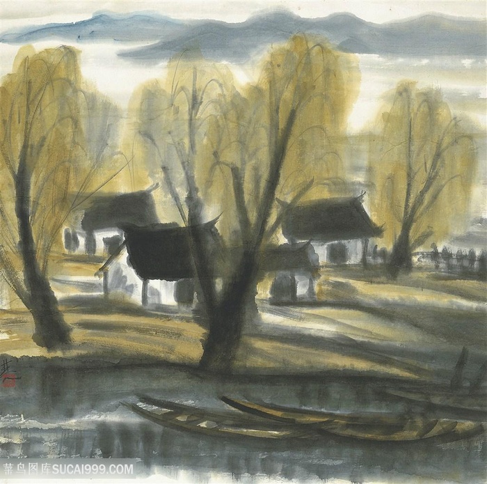 林风眠水墨乡村树风景画