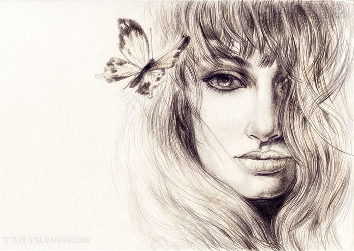 美女与蝴蝶绘画高清图片