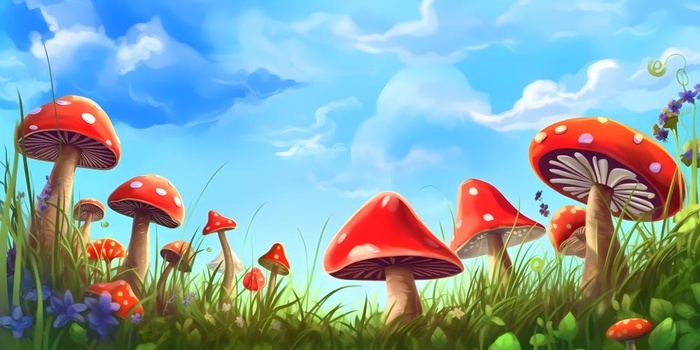 春天草丛蘑菇森林手绘插画海报素材背景(6144x3072)