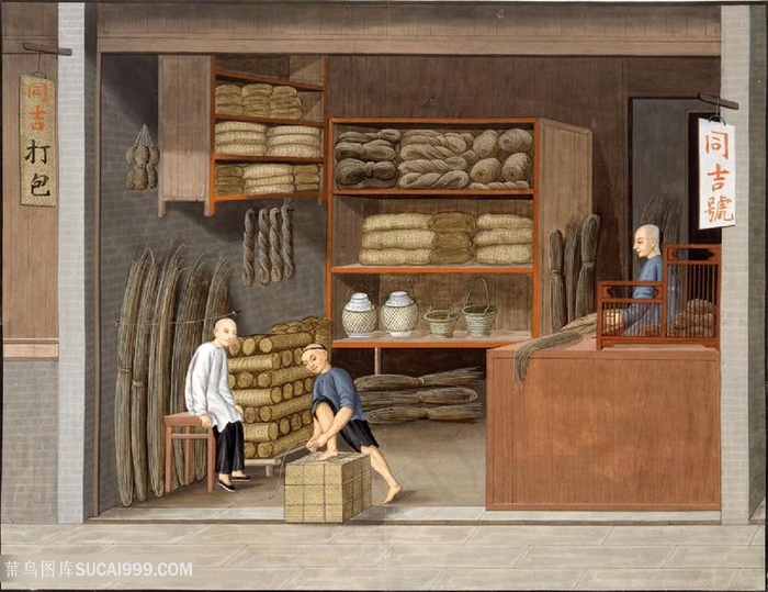 古代草编草席集市贸易场景绘画图片