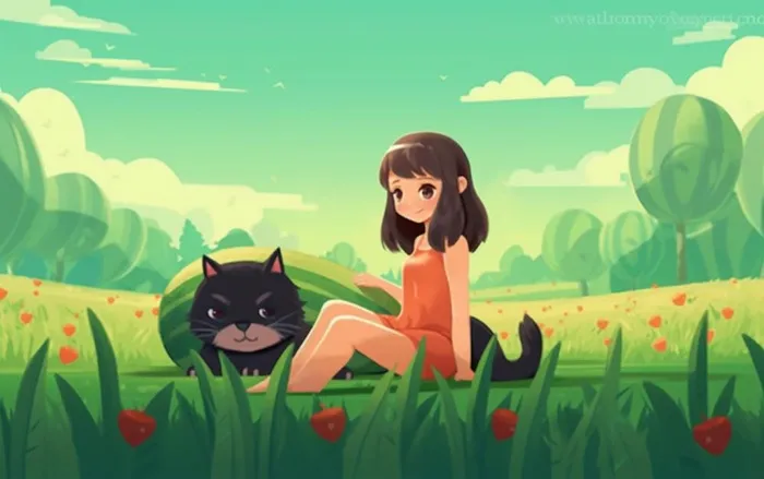 坐着草地上的女孩和猫插画背景(1376x864)