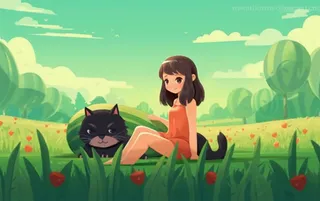 坐着草地上的女孩和猫插画背景
