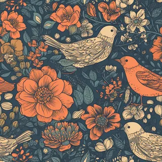 花鸟图，插画风格，无缝贴图，素材