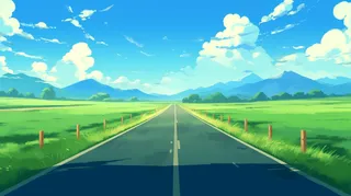 春夏蓝天白云草原高山卡通插画