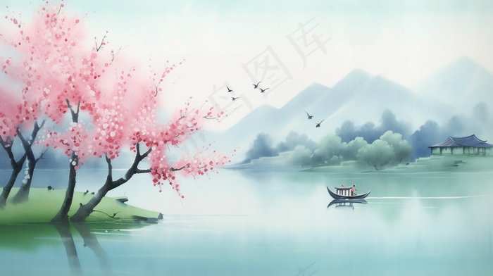 江南水乡水墨画山水船桃花插画(4368x2448)