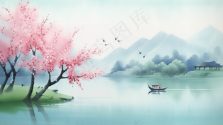 江南水乡水墨画山水船桃花插画