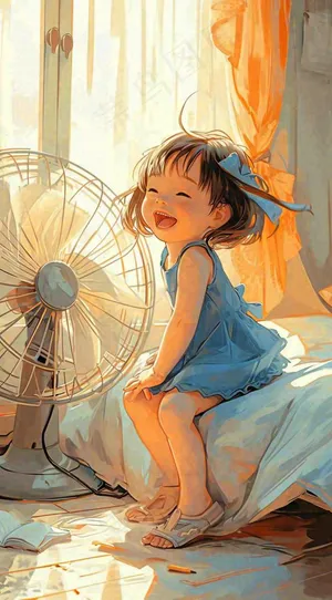 夏天风扇凉快清新儿童，阳光夏至手绘插画