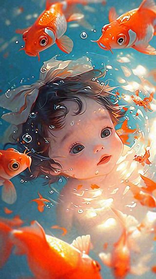 夏天泳池婴儿小孩游泳玩耍金鱼锦鲤，小暑大暑