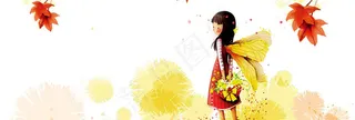 黄色秋天女孩枫叶背景