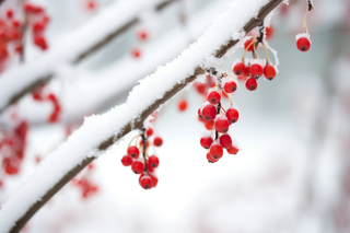 冬季红色果子的树枝上挂满了白雪雪景摄影图