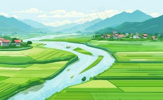 乡村村庄美丽风景河流插画农田插画背景