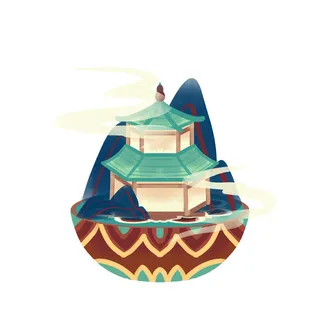 时尚微景观山水装饰庭院祥云中式国潮风插图插画元素素材设计模板