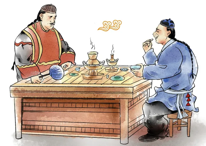 老北京古代火锅店水墨卡通插画