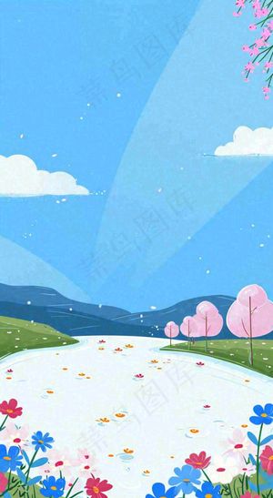 春天浪漫粉色樱花山脉河流蓝天白云清新手绘扁平插画，立春惊蛰