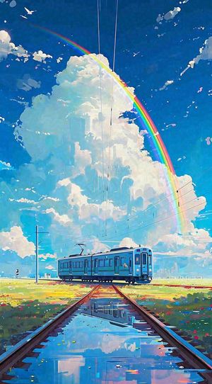 蓝天白云下草地河流高铁火车铁路手绘插画