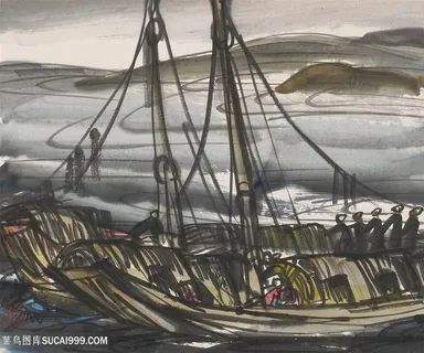 林风眠水墨水彩船海景风景画 林风眠水墨水彩船海景风景画