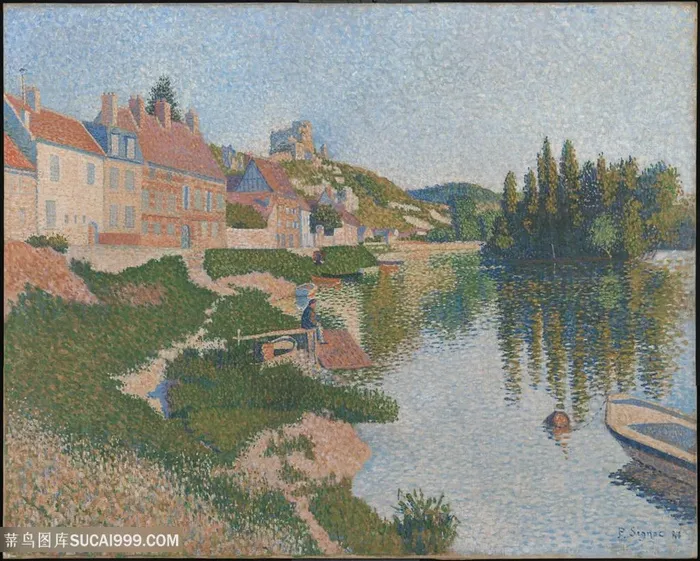 公园湖畔房子风景画油画手绘插画