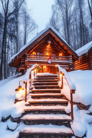 冬天雪景森林小木屋温暖摄影图