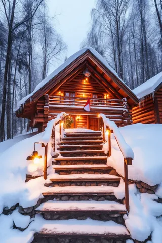 冬天雪景森林小木屋温暖摄影图