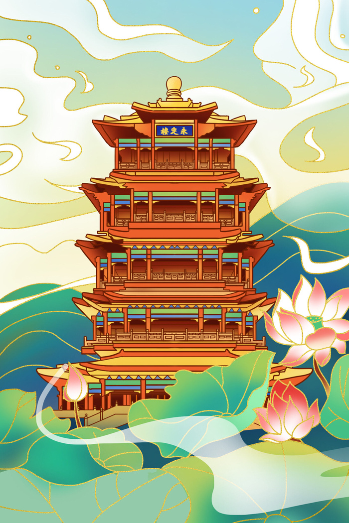 中国风国潮古建筑地标城市古风建筑阁楼印象地标手绘插画PSD素材