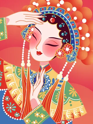 手绘中国风国潮京剧戏曲人物插画古风国粹花旦ai矢量ps设计素材图