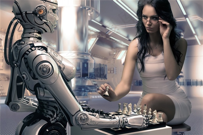 高科技机器人和美女下棋图片素材