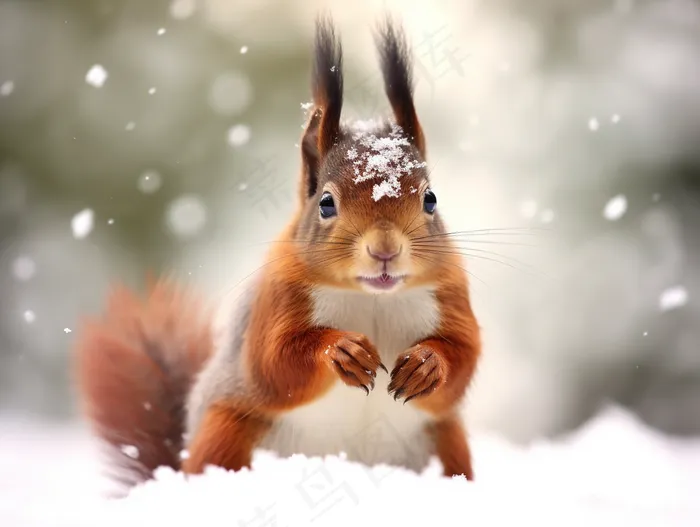 白雪地的红松鼠白雪摄影图(3696x2784)