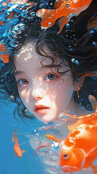 阳光水底光照游泳长发美人，鱼类金鱼，水气泡