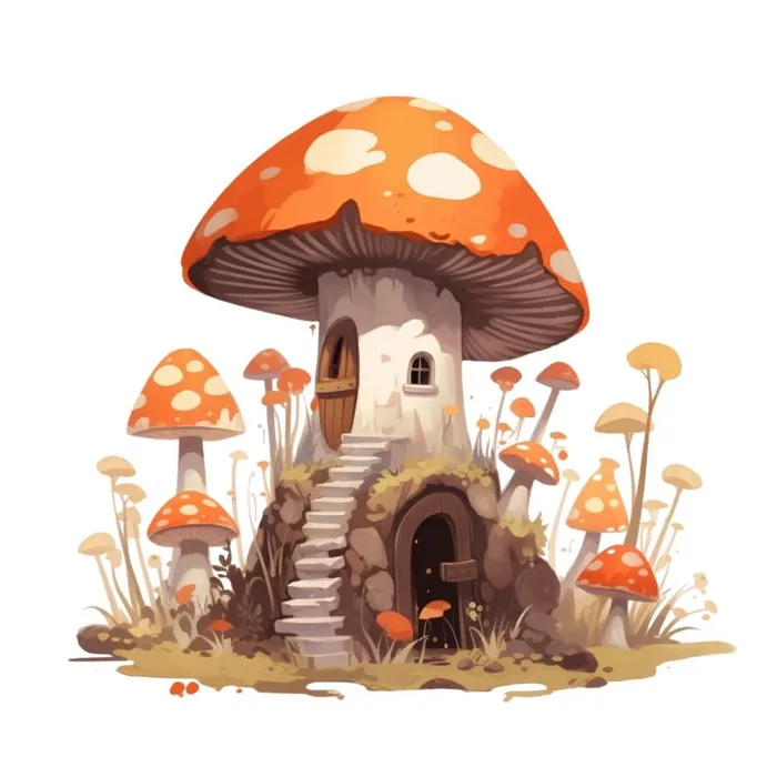 卡通插画蘑菇屋兔子免抠(1024x1024)