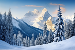 冬季雪山森林雾凇朝阳摄影图