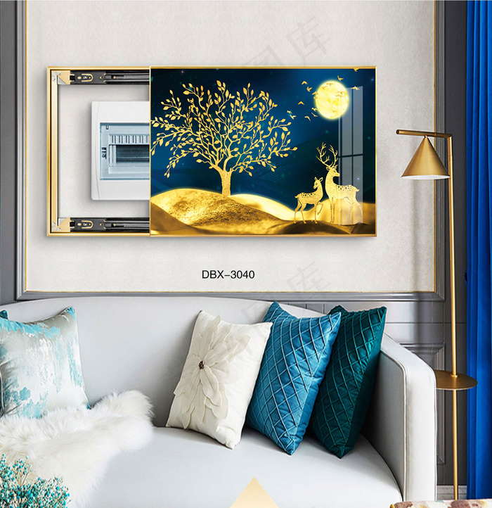 大气时尚家居室内装饰场景客厅沙发电表箱壁画背景图背景金鹿发财树月夜
