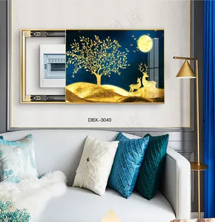 大气时尚家居室内装饰场景客厅沙发电表箱壁画背景图背景金鹿发财树月夜