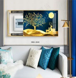 大气时尚家居室内装饰场景客厅沙发电表箱壁画背景图背景金鹿发财树月夜