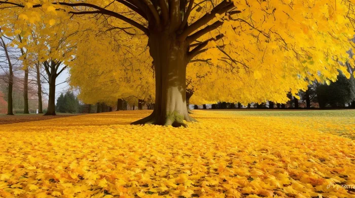秋天里的树木树叶黄了落了满地的落叶摄影图(4368x2448)