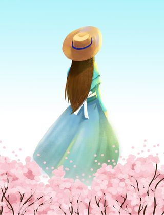 戴帽美女背影花丛中手绘