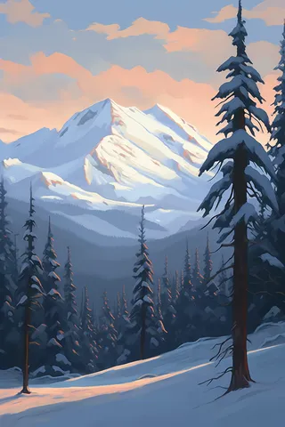 冬天山里森林的雪景卡通插画