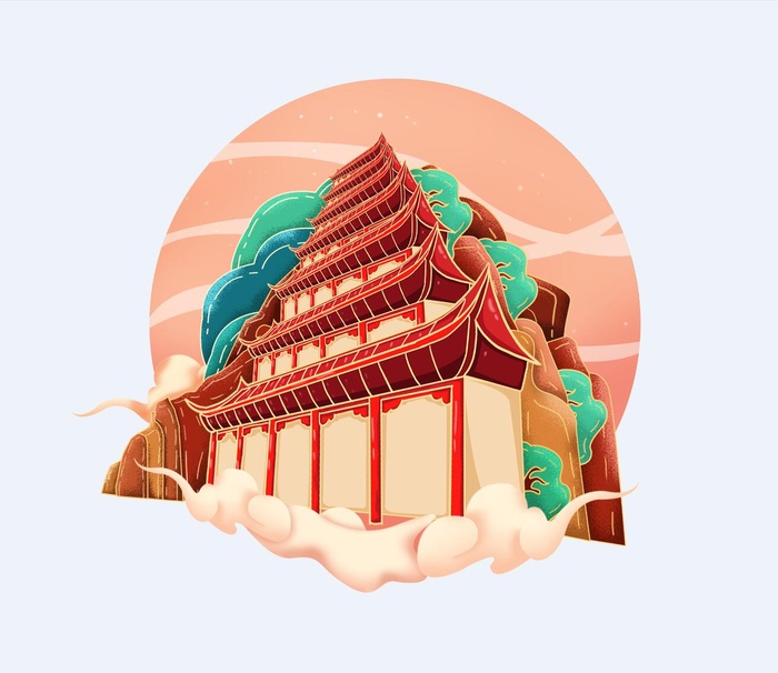 工笔风敦煌莫高窟旅游景点元素psd模版下载