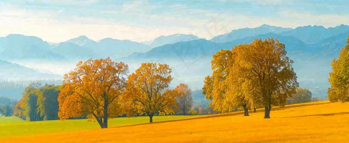 秋天山脉秋叶树木，秋分摄影图(1712x704)