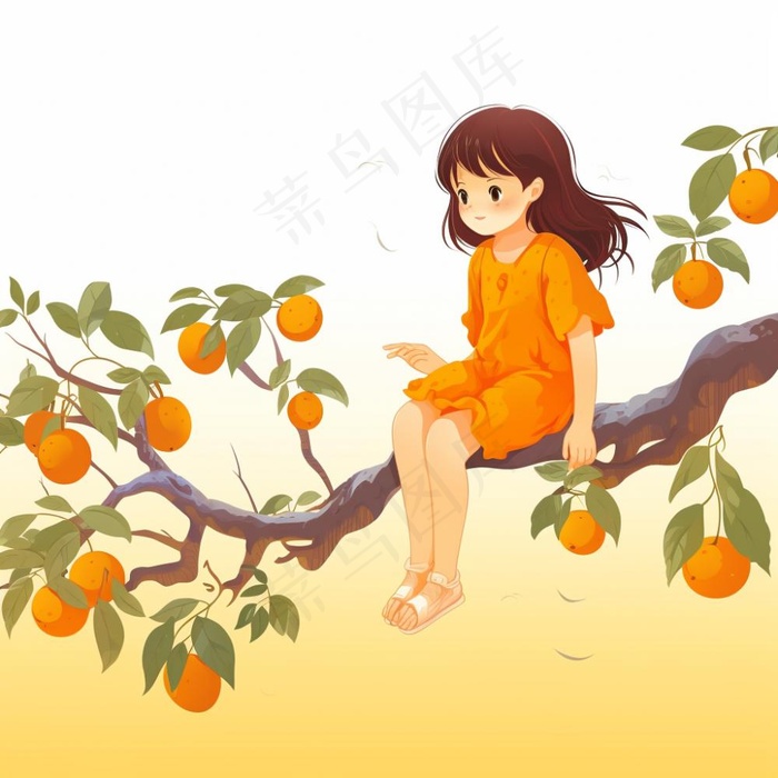 女孩坐着橘子柿子树上摘果子插画素材背景