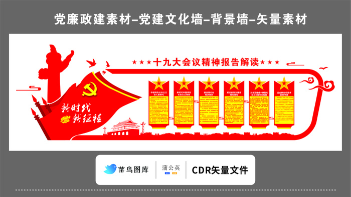 党建文化墙党建素材CDR预览图红色背景十九大会议精神报告解读新时代