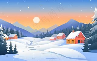冬季晚霞白雪乡村村庄雪花雪景卡通插画背景