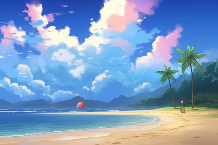 夏日阳光沙滩海浪蓝色插画背景(1344x896)