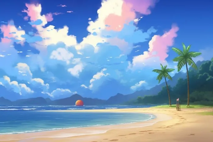 夏日阳光沙滩海浪蓝色插画背景(1344x896)