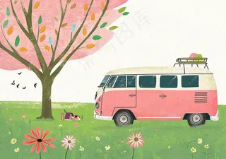 清新可爱春日郊游旅行房车粉绿蜡笔插画手绘草坪，惊蛰春分